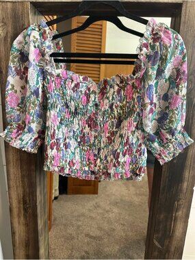 The Label Floral Smocked Puff Sleeve Crop Top Medium Boho Fairy Cottagecore